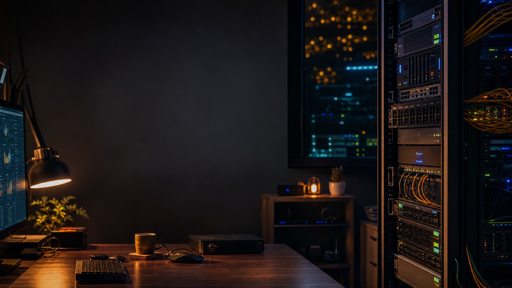 A warmly lit desk beside a server rack in a dark room